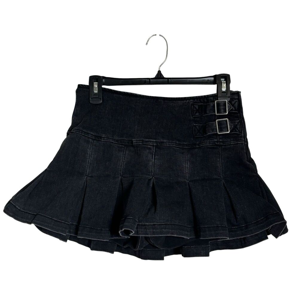 Wild Fable Black Pleated Double Buckle Accent Denim Mini Skort 4 Y2K Goth Grunge